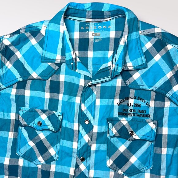 Arizona Jean Co Blue Plaid Western Shirt Snap Button Down Short Sleeve Medium - Picture 2 of 7